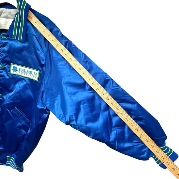 VTG Delong Jacket Lg Satin Quilted Bomber Blue Premium Fresh Farms 80s Retro USA - Picture 16 of 16